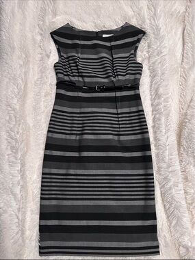 Calvin Klein Black & Gray Striped Cap-Sleeve Sheath Dress with Slim Belt